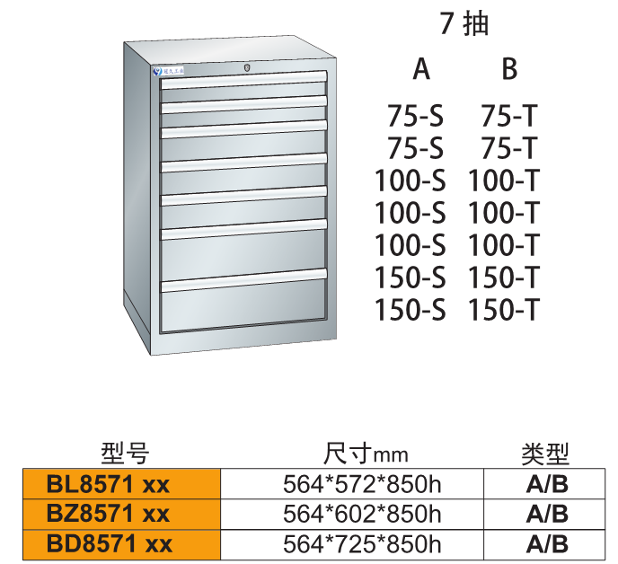 B-8571抽屉式车间用重型工具柜